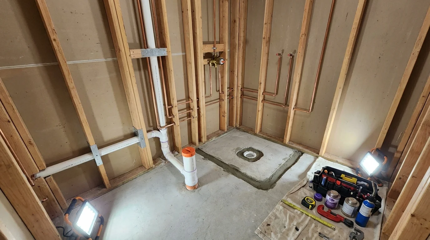 Bathroom rough-in plumbing during remodel by Johns Plumbing LLC in Owingsville
