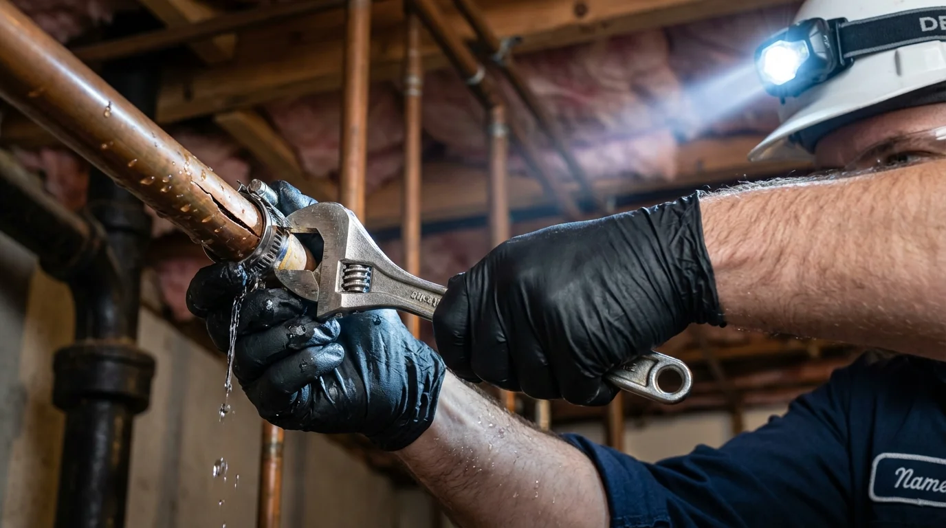Emergency pipe clamp repair being performed by a Johns Plumbing LLC plumber in Owingsville