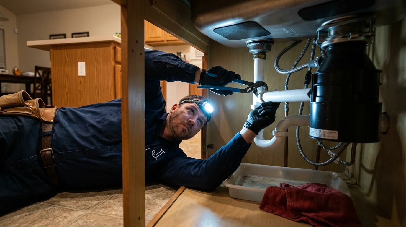 P-trap and supply line connections under a kitchen sink showing a common leak point in Owingsville, KY